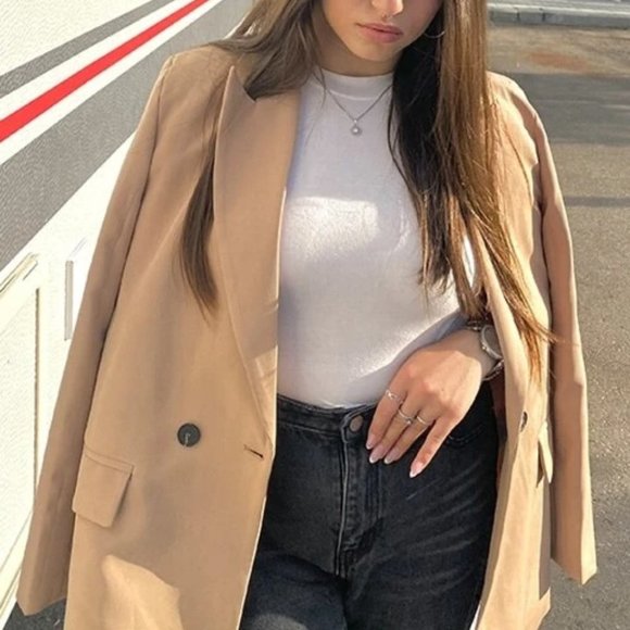 TAN Double Breasted Lapel Neck Blazer - Picture 4 of 15